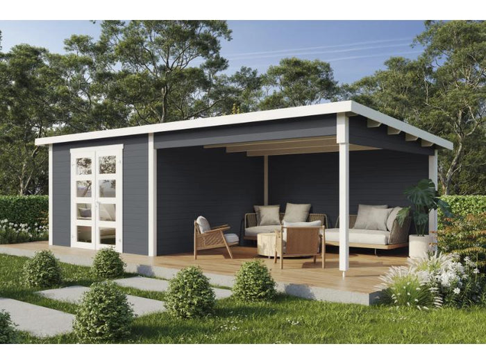 Wolff Finnhaus Gartenhaus Ole 7133, 28 mm, mit Anbau und Rückwand, anthrazit