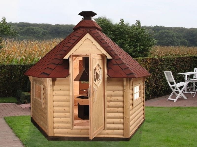 Wolff Finnhaus Grillkota 9 de luxe inkl. rote Dachschindeln und Grillanlage