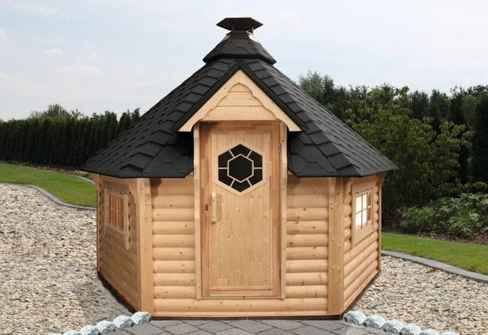 Wolff Finnhaus Grillkota 9 de luxe inkl. schwarzen Dachschindeln und Grillanlage