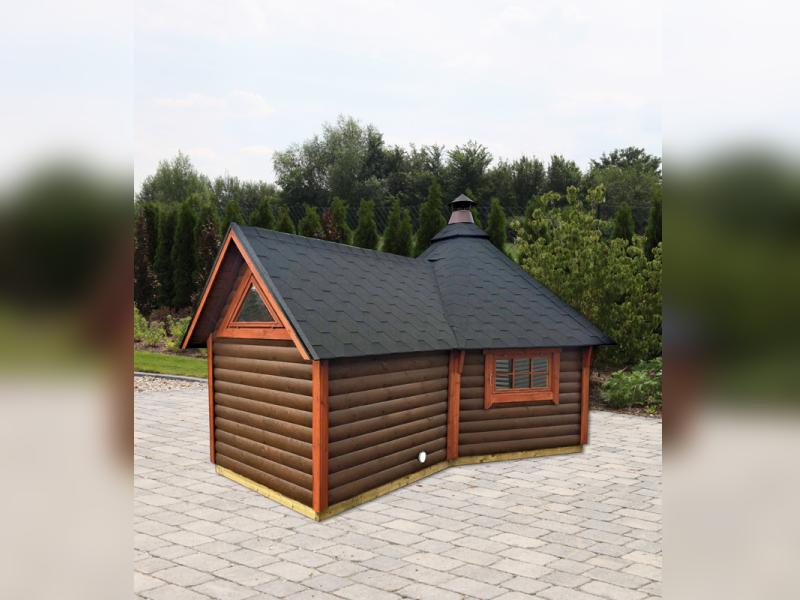 Wolff Finnhaus Grillkota 9 de luxe mit Anbau inkl. rot-schwarzen Dachschindeln