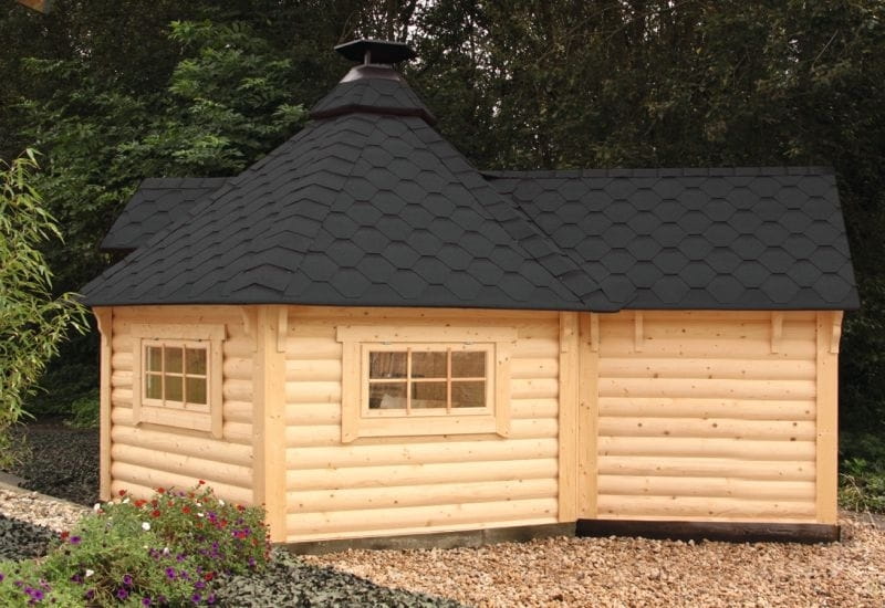 Wolff Finnhaus Grillkota 9 de luxe mit Anbau, inkl. Daschindeln schwarz