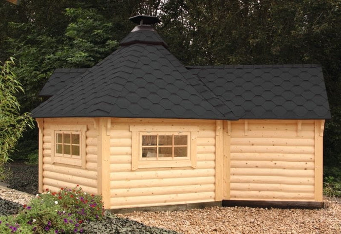 Wolff Finnhaus Grillkota 9 de luxe mit Anbau, inkl. Daschindeln schwarz