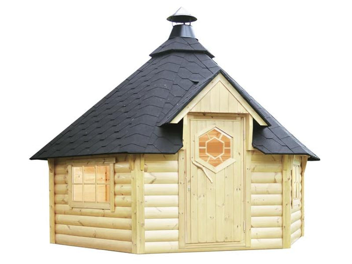 Wolff Finnhaus Grillkota Basic 9 mit Grillanlage schwarze Schindeln und rundem Tisch