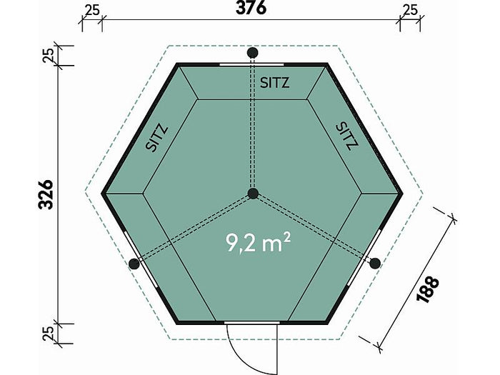 Wolff Finnhaus Grillkota Basic 9 mit Grillanlage schwarze Schindeln und rundem Tisch