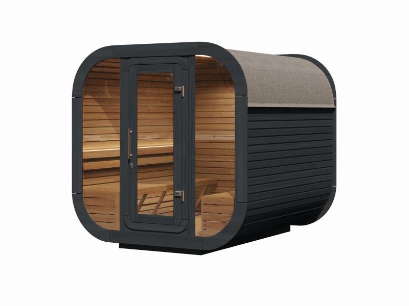 Wolff Finnhaus Sauna Luago 2x2 montiert Typ 3 Art 1, anthrazit, inkl. Dacheindeckung und Vollglasfro