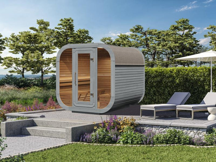 Wolff Finnhaus Sauna Luago 2x2 montiert Typ 3 Art 1, hellgrau, inkl. Dacheindeckung und Vollglasfron