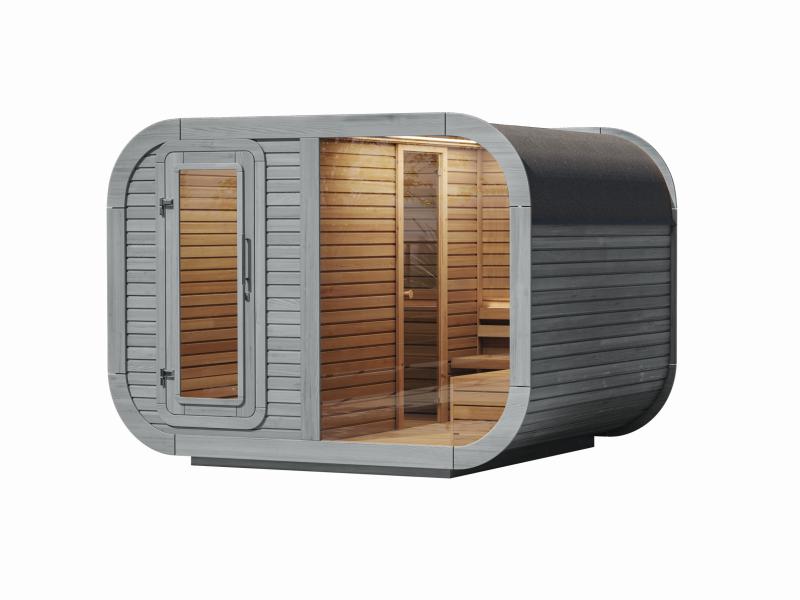 Wolff Finnhaus Sauna Luago 3x2 montiert Typ 3 Art 1, hellgrau, inkl. Dacheindeckung, Vollglasfront u