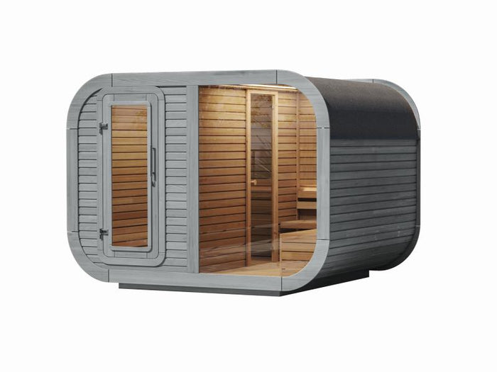 Wolff Finnhaus Sauna Luago 3x2 montiert Typ 3 Art 1, hellgrau, inkl. Dacheindeckung, Vollglasfront u