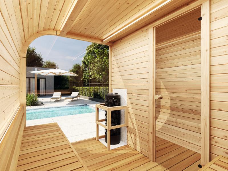 Wolff Finnhaus Sauna Luago 3x2 montiert Typ 3 Art 1, hellgrau, inkl. Dacheindeckung, Vollglasfront u