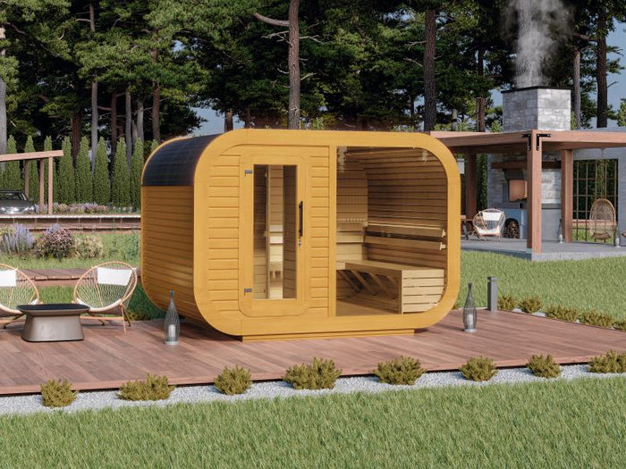 Wolff Finnhaus Sauna Luago 3x2 montiert Typ 3 Art 1, Kiefer, inkl. Dacheindeckung, Vollglasfront und