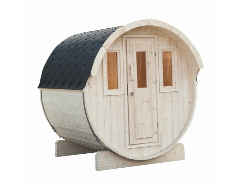 Wolff Finnhaus Saunafass 230 basic als Bausatz mit schwarzen Dachschindeln