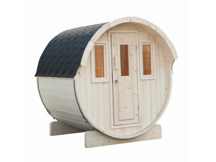 Wolff Finnhaus Saunafass 230 basic montiert mit schwarzen Dachschindeln