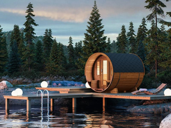 Wolff Finnhaus Saunafass 280 de luxe montiert DS schwarz Anstrich Walnuss