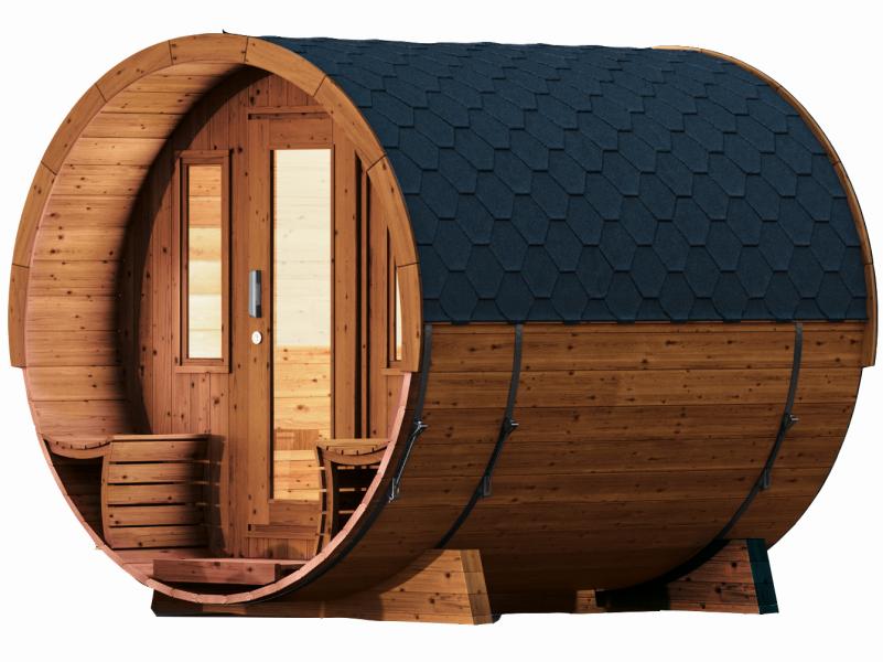 Wolff Finnhaus Saunafass 280 de luxe montiert DS schwarz Anstrich Walnuss