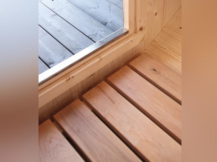 Wolff Finnhaus Saunafass 280 de luxe montiert DS schwarz Anstrich Walnuss