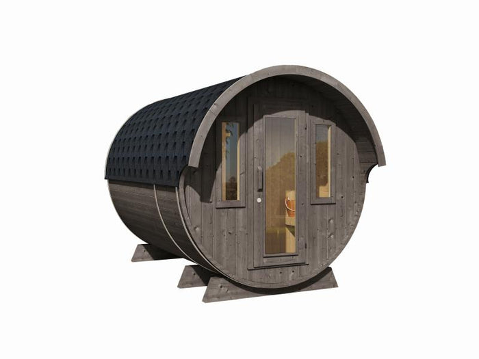 Wolff Finnhaus Saunafass 330 de luxe montiert DS schwarz Anstrich Hellgrau