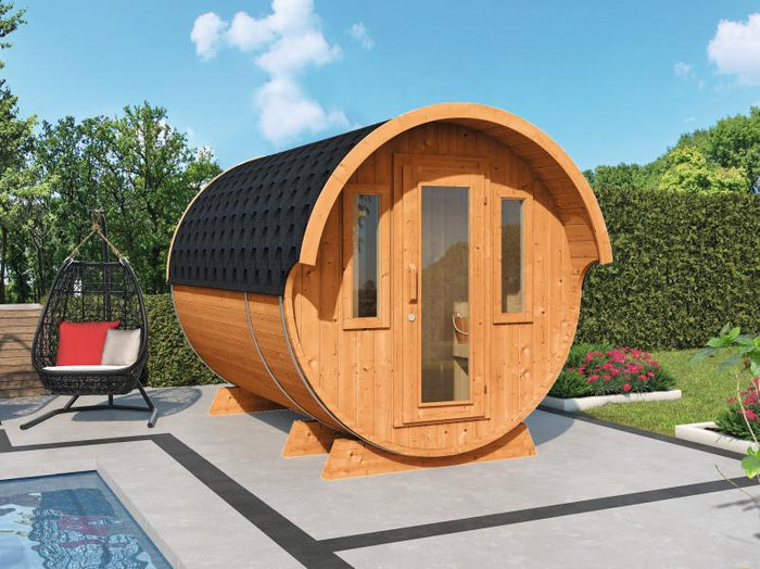 Wolff Finnhaus Saunafass 330 de luxe montiert DS schwarz Anstrich Kiefer