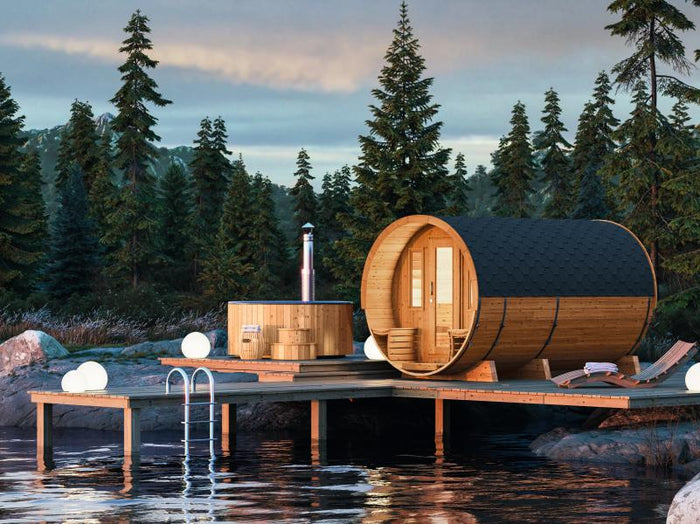 Wolff Finnhaus Saunafass 400 de luxe montiert DS schwarz Anstrich Kiefer