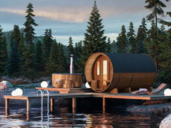 Wolff Finnhaus Saunafass 400 de luxe montiert DS schwarz Anstrich Walnuss