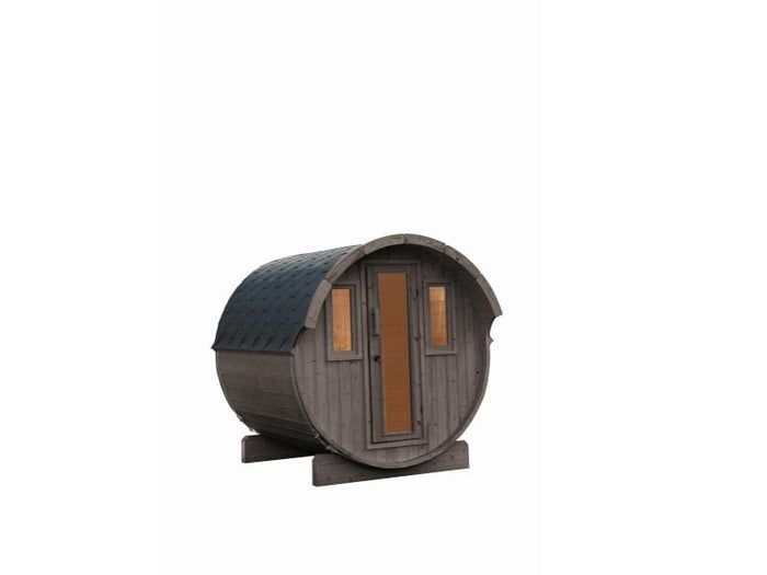 Wolff Finnhaus Saunafass Basic 230 montiert DS schwarz Anstrich Hellgrau