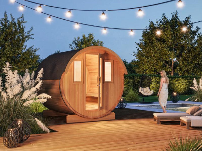 Wolff Finnhaus Saunafass Basic 230 montiert DS schwarz Anstrich Kiefer