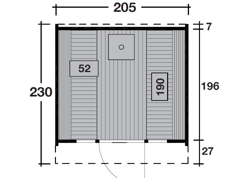 Wolff Finnhaus Saunafass Basic 230 montiert mit roten Dachschindeln