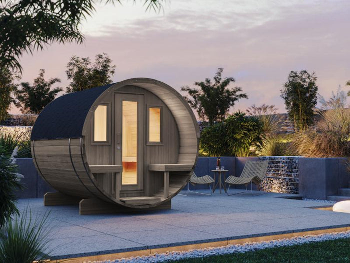 Wolff Finnhaus Saunafass Basic 250 montiert DS schwarz Anstrich Hellgrau