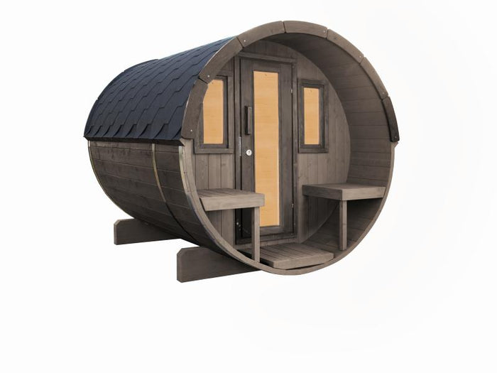 Wolff Finnhaus Saunafass Basic 250 montiert DS schwarz Anstrich Hellgrau