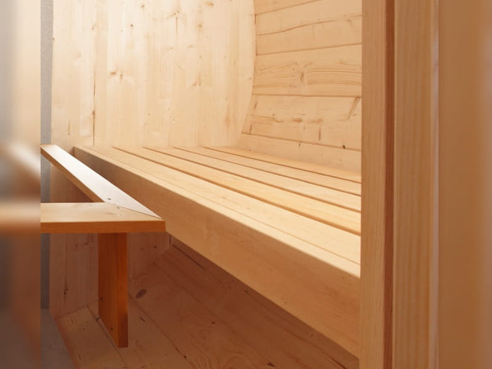 Wolff Finnhaus Saunafass Basic 250 montiert DS schwarz Anstrich Hellgrau