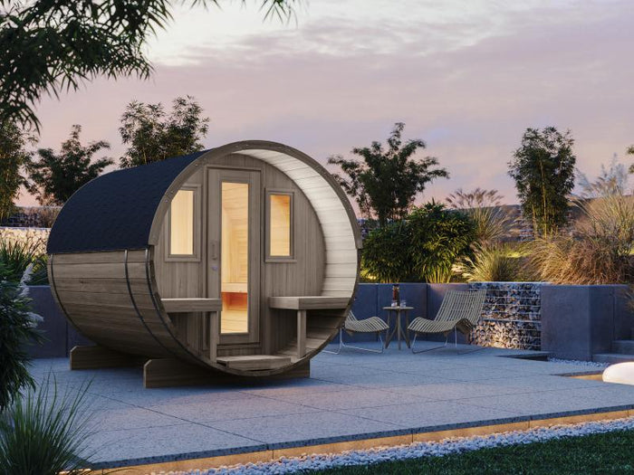 Wolff Finnhaus Saunafass Basic 280 montiert DS schwarz Anstrich Hellgrau