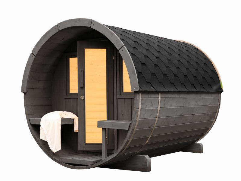 Wolff Finnhaus Saunafass Basic 280 montiert DS schwarz Anstrich Hellgrau