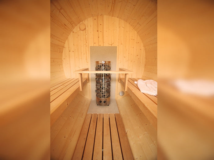 Wolff Finnhaus Saunafass Basic 280 montiert DS schwarz Anstrich Hellgrau