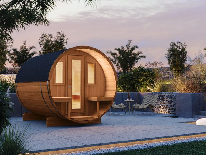 Wolff Finnhaus Saunafass Basic 280 montiert DS schwarz Anstrich Walnuss