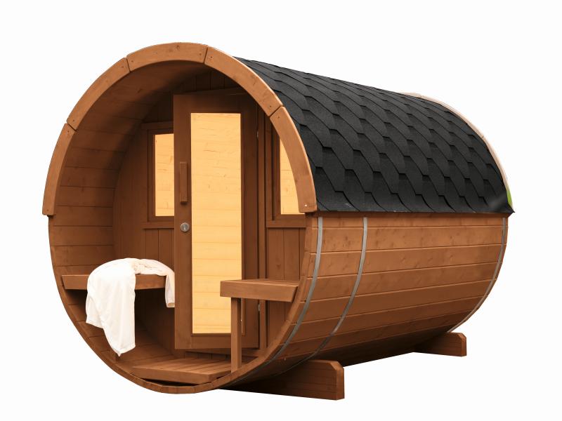 Wolff Finnhaus Saunafass Basic 280 montiert DS schwarz Anstrich Walnuss