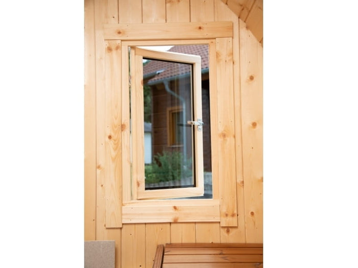 Wolff Finnhaus Saunafass Svenja 1 Premium Bausatz mit schwarzen Dachschindeln