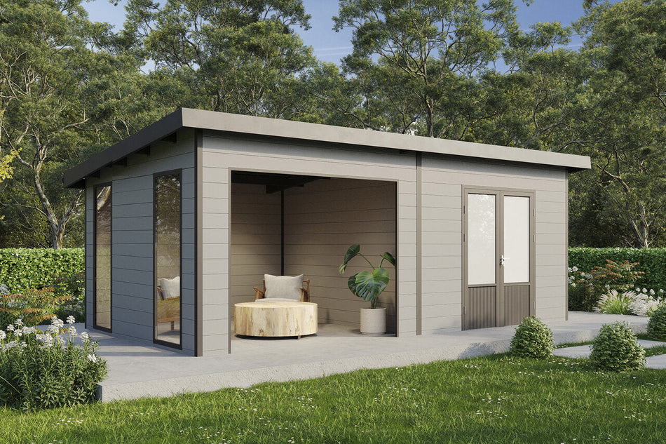 Wolff Finnhaus WPC-Haus Tona 6030 Hellgrau mit Wandpaket