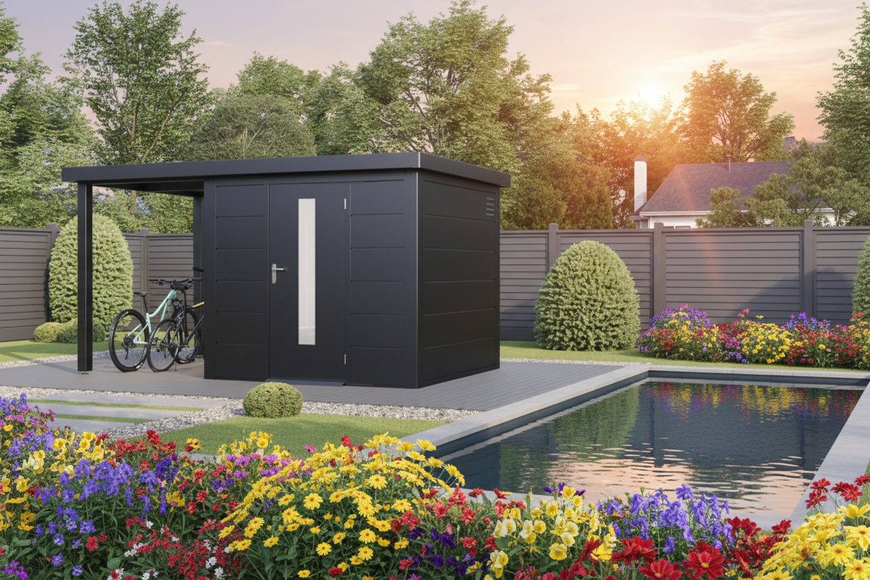 Metallhaus am Pool in der Abendsonne