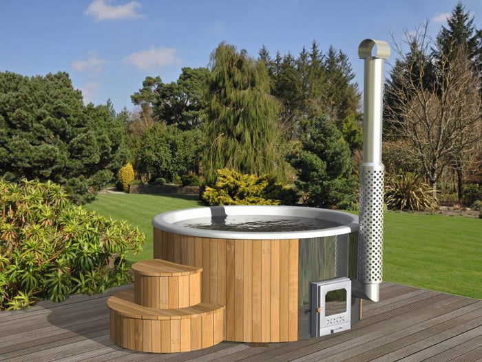 Wolff Finnhaus Badebottich Hot Tub de luxe 200 cm mit weißem GFK-Einsatz, integriertem Außenofen und
