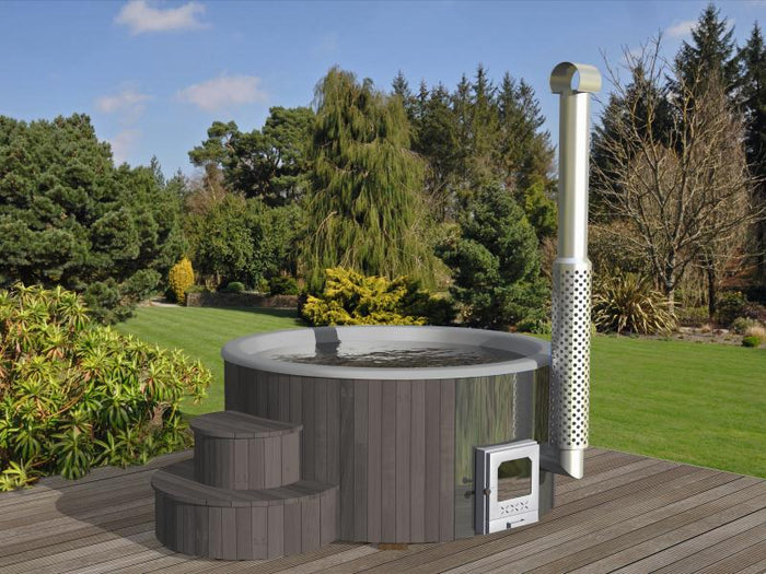 Wolff Finnhaus Badebottich Hot Tub de luxe Dunkelgrau mit grauem GFK-Einsatz, integriertem Außenofen