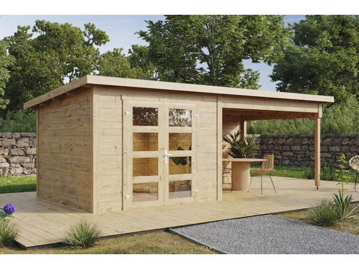 Wolff Finnhaus Gartenhaus Ole 6028, 28 mm, mit Anbau und Rückwand, naturbelassen