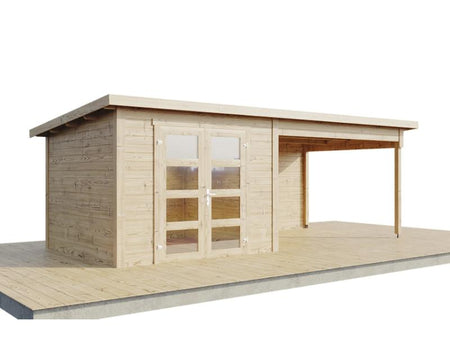 Wolff Finnhaus Gartenhaus Ole 6028, 28 mm, mit Anbau und Rückwand, naturbelassen
