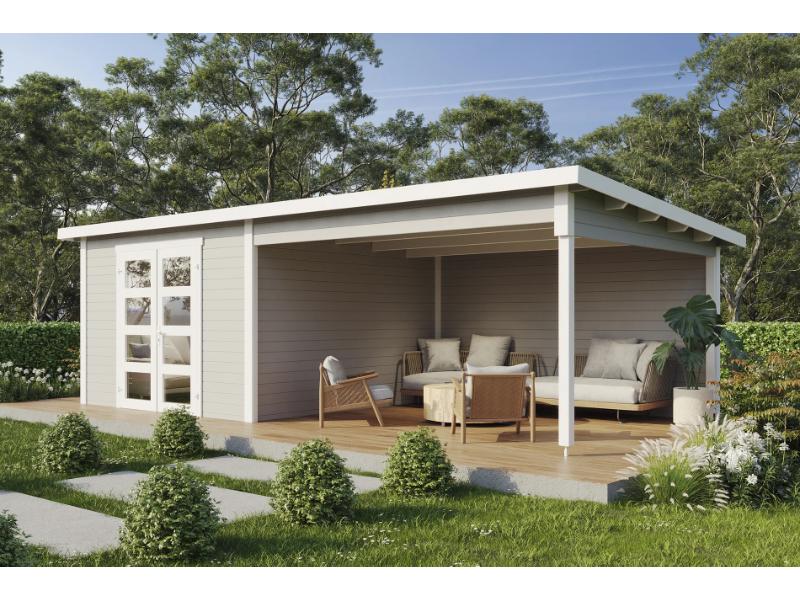 Wolff Finnhaus Gartenhaus Ole 7133, 28 mm, mit Anbau und Rückwand, Hellgrau mit Fußboden
