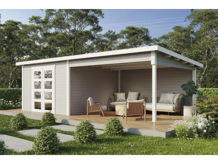 Wolff Finnhaus Gartenhaus Ole 7133, 28 mm, mit Anbau und Rückwand, Hellgrau mit Fußboden