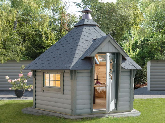 Wolff Finnhaus Grillkota 9 de luxe inkl. schwarzen Dachschindeln, in betongrau