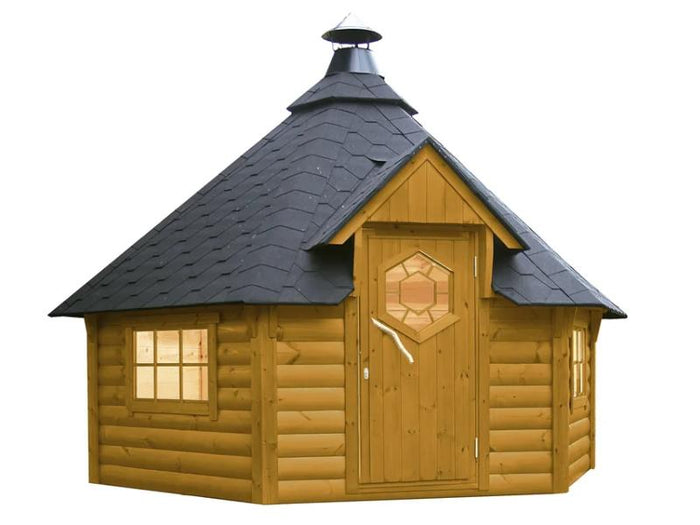 Wolff Finnhaus Grillkota Basic 9 Eiche Rustikal mit Grill, schwarze Schindeln und rundem Tisch