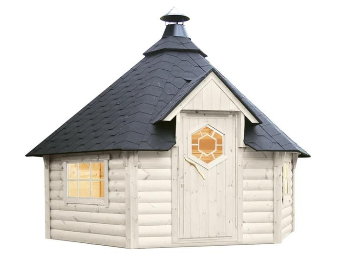 Wolff Finnhaus Grillkota Basic 9 Weiß mit Grill, schwarze Schindeln und rundem Tisch