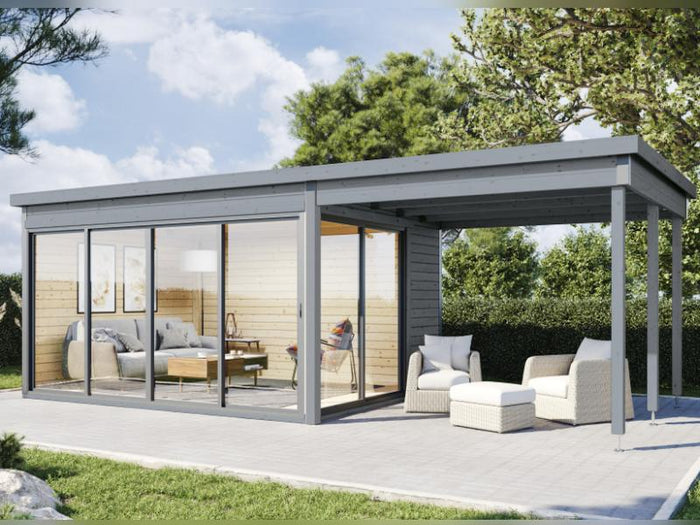 Wolff Finnhaus Pultdachhaus Studio 44-D mit Seitendach in Hellgrau