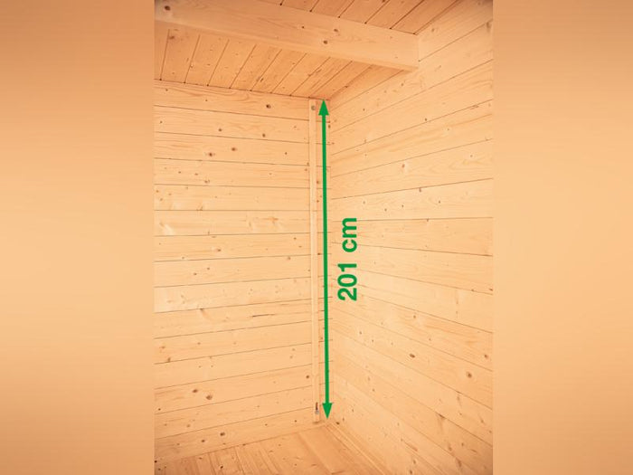 Wolff Finnhaus Pulti 34-B Typ 4 mit SD A und Dreieckglas-Tür naturbelassen