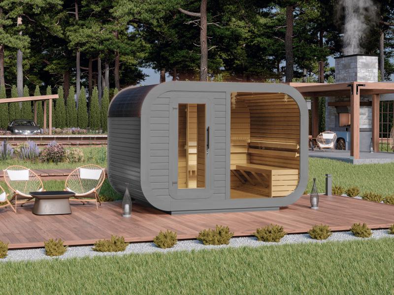 Wolff Finnhaus Sauna Luago 3x2 montiert Typ 3 Art 1, hellgrau, inkl. Dacheindeckung, Vollglasfront u