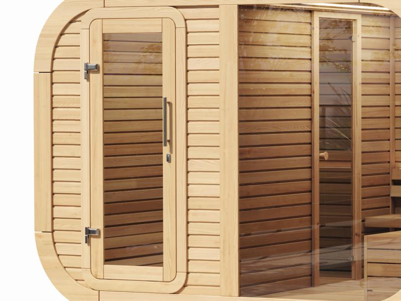 Wolff Finnhaus Sauna Luago 3x2 montiert Typ 3 Art 1, hellgrau, inkl. Dacheindeckung, Vollglasfront u